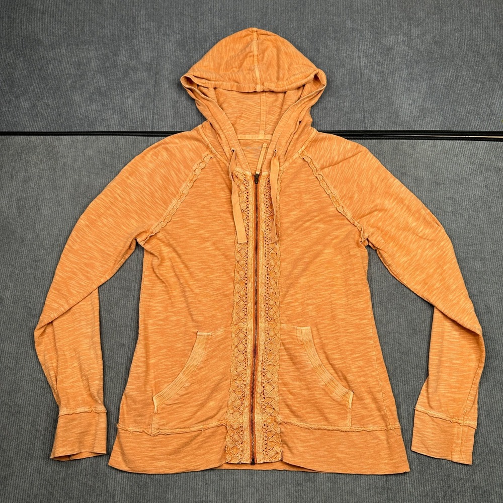 Eddie Bauer Womens Orange Slub Knit Lace Trim Full Zip Hoodie Sweatshirt Y2k